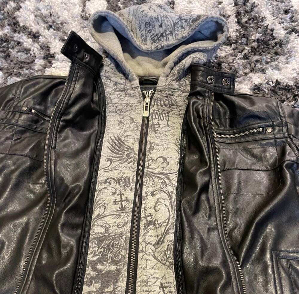 SOLD Point Zero Men's Faux Leather Motorcycle Jacket with Graphic Print Removab - Picture 2 of 7